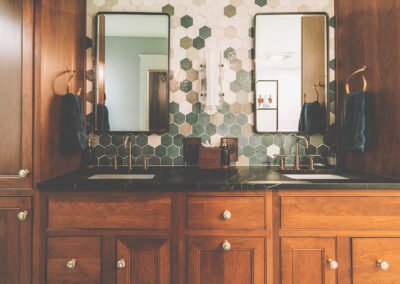 Custom Bathroom Vanity Linen Closet Contractor Chester County. PA | Custom Bathroom Vanity with Art Deco Style Custom Backsplash | JRK Craftsmen