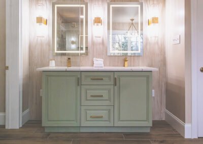 Custom Vanity Contractors in Exton PA | JRK Craftsmen | Gorgeous Light Green Kitchen Vanity with Gold Hardware