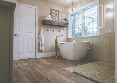 Custom Bath Remodel West Chester PA Contractors in West Chester PA | JRK Craftsmen | Gorgeous Wood-style Tile Floor and Pristine Soaker Tub